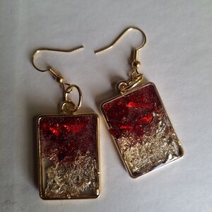 Gold-Tone Red & Gold Rectangular Dangle Earrings
